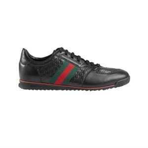 Black Leather Women’s Sneaker with Green & Red Stripe